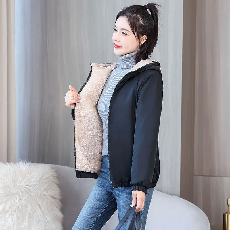 Women's Fleece Coat Winter Warm Thicken Solid Windbreaker Hooded Cotton Plush Hooded Jackets Casual Outdoor Windproof Jacket-belleandkai.com