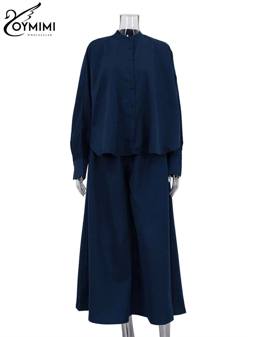 Oymimi Fashion Black Two Piece Set For Women Casual O-Neck Long Sleeve Button Shirts And High Waist Loose Pockets Trousers Sets-belleandkai.com