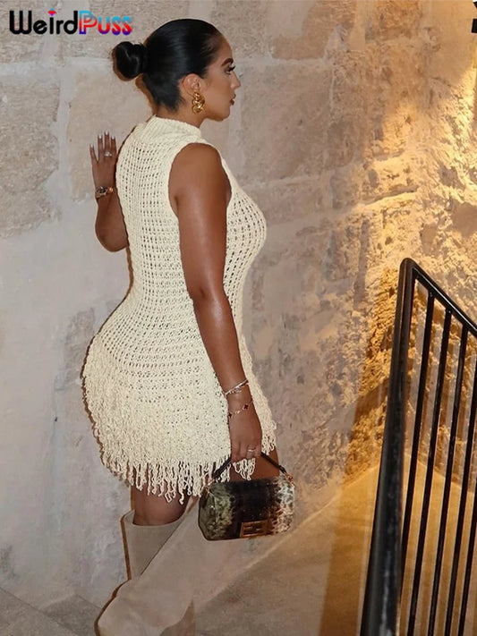 Weird Puss Crochet Dress Women Sexy Chic Y2K Summer Trend Tassel Hem Sleeveless Stretch Fashion Beach Vacation Clubwear Bodycon-belleandkai.com