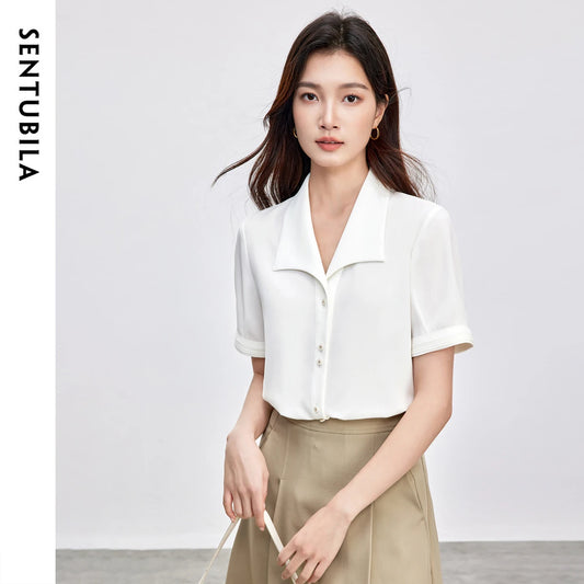 SENTUBILA Turn Down Collar Shirt Women Summer 2025 Twill Texture Chic Button Short Sleeve Elegant Solid Woman Blouse 152C87931-belleandkai.com