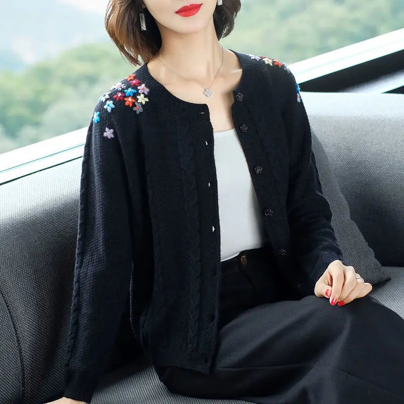 Plant&Flowers Hook Flower Hollow Women's Clothing Lantern Long Sleeve Sweater Knitted Cardigan Autumn Winter Round Neck Tops-belleandkai.com