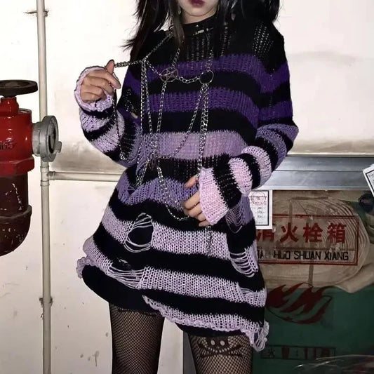 New Autumn Punk Gothic Long Unisex Sweater Women Striped Cool Hollow Out Hole Broken Jumper Loose Rock Thin Dark Streetwear Top-belleandkai.com