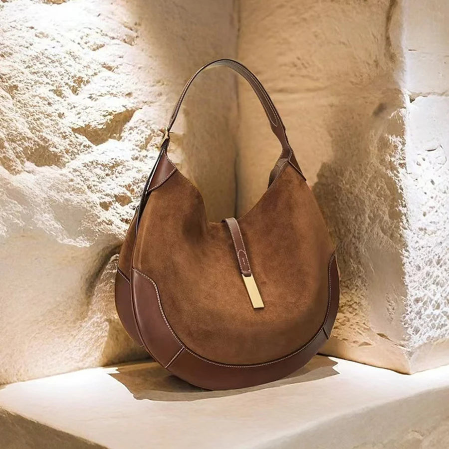 Women's underarm bag suede splicing pu leather design dumpling bag Tote bag Fashion brown/black shoulder crescent handbags bolsa-belleandkai.com