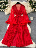 SINGREINY Women Elegant Sheer Sexy Cardigan Robes Wools Spliced Long Sleeve Shawls Fashion French Gauze Transparent Long Robes-belleandkai.com