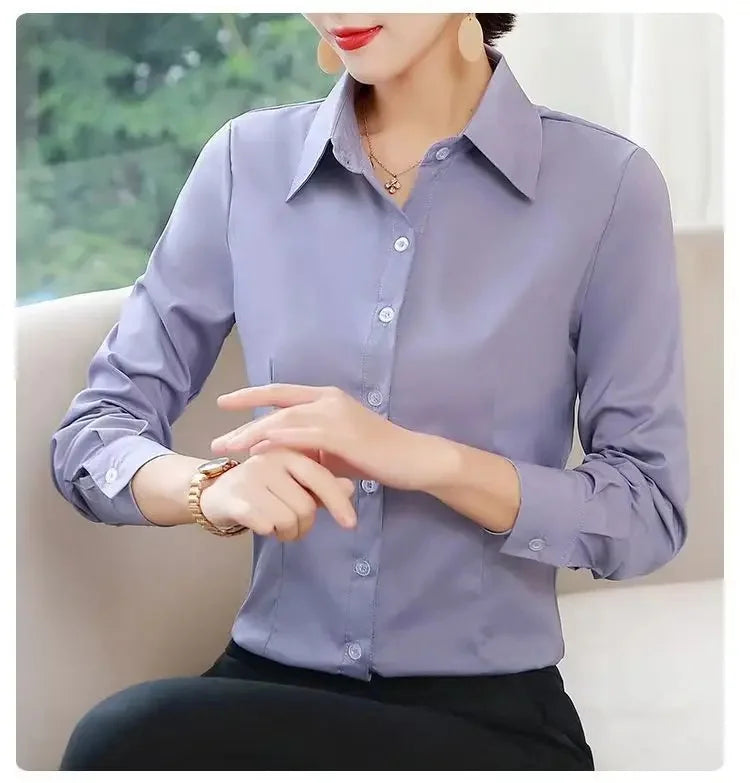 Slim Fit Workwear Shirt Women's Formal Long Sleeve Blue White Spring Summer Autumn Office Uniform Polo Collar Button Decoration-belleandkai.com
