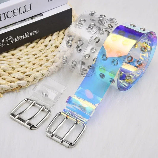 Women Summer Fashion Creative Gifts Waistband Transparent Two Row PVC Belt Laser Invisible Square Pin Buckle Multi Hole Belts-belleandkai.com