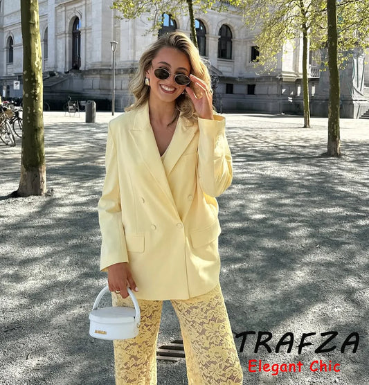 TRAFZA Elegant Yellow Blazer Women's Double-breasted Lapel Blazer Fashion High Street 2025 Spring Summer Holidays Commute Suit-belleandkai.com