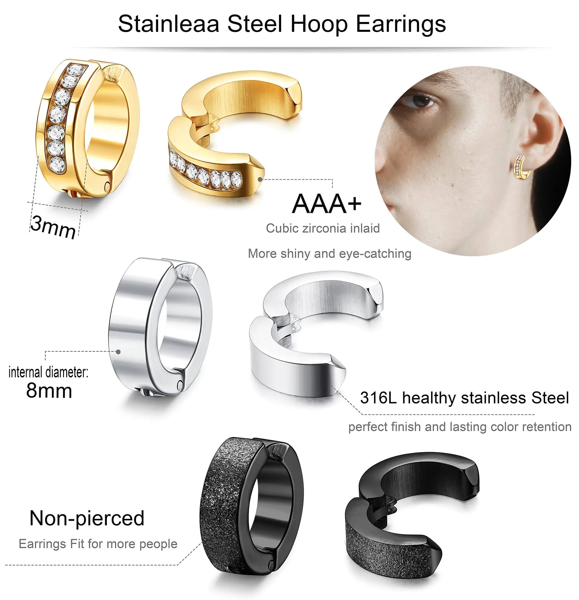 1 Pair/9 Pairs Non-Piercing Earrings Stainless Steel Clip On Hoop Earrings For Men Women Paved CZ Ear Clip Earrings Set-belleandkai.com