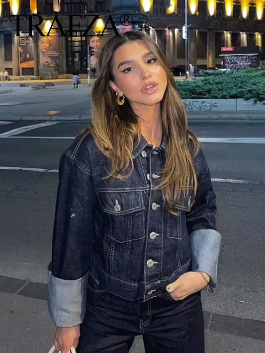 TRAFZA 2024 Autumn Female Vintage Denim Suit Long Sleeve Single Breasted Lapel Coat+High Waist Wide Leg Jeans Street Fashion Set-belleandkai.com