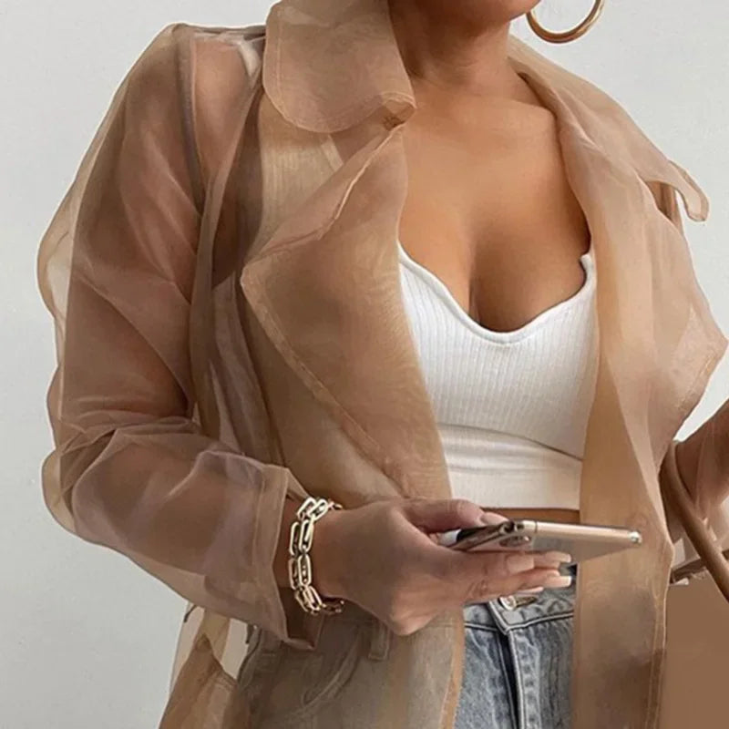 Elegant Shirts Trench Coat for Women Fashion See Through  Lace Up Spring Solid Sheer Mesh Long Sleeve Buttoned Coat with Belt-belleandkai.com