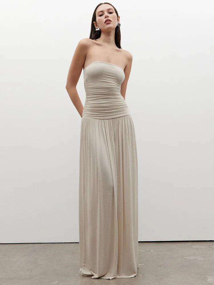 Mozision Off-shoulder Strapless Pleated Sexy Maxi Dress Women Fashion Backless Sleeveless High Waist Ruched Long Dress Elegant-belleandkai.com