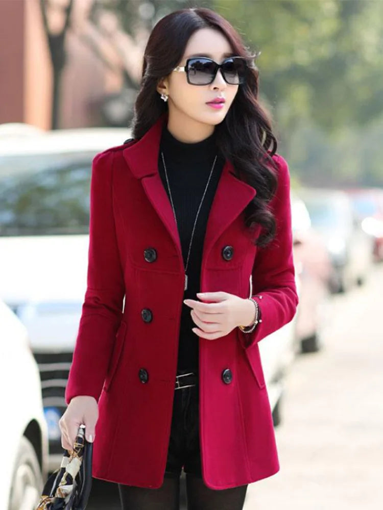 New Autumn Winter Woolen Coat Women Slim Double Breasted Medium Long Wool Blend Warm Female Overcoat Winter Coat Jacket-belleandkai.com