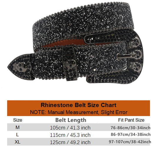 Skull Rhinestone Belts For Women Men Y2K Leather Strap Crystal Studded Western Cowgirl Cowboy Diamond Bling Bling Belt-belleandkai.com