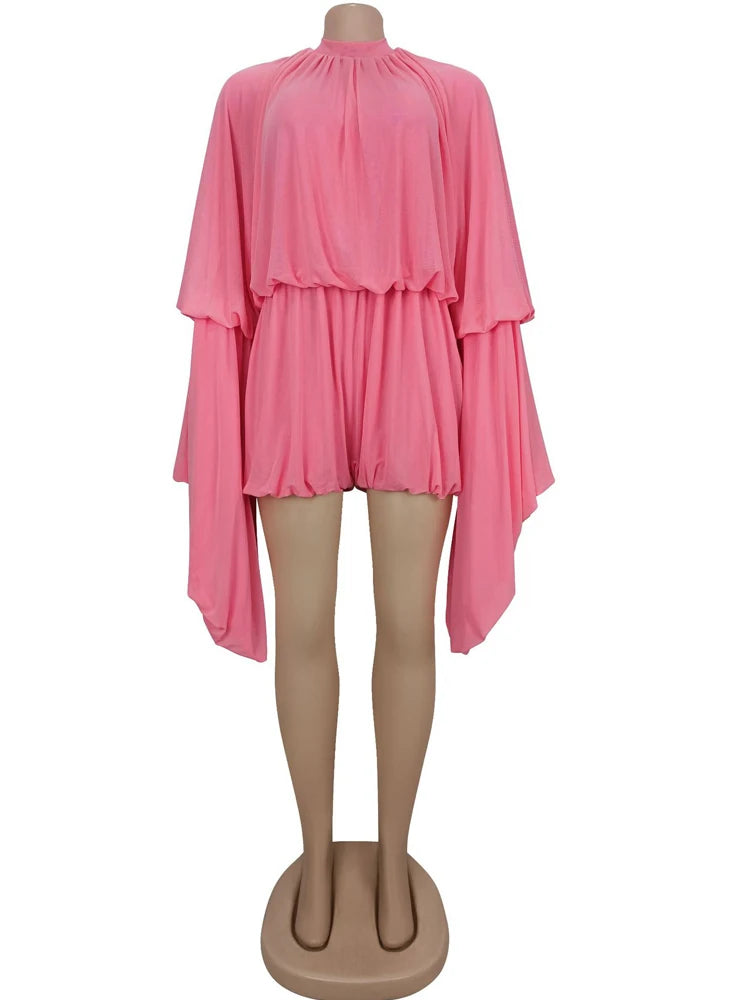 Beyprern New Chic Pink Ruffles Tierred Mesh Romper Cute Girls Batwing Sleeve Ruched Short Jumpsuit Loose Overalls Night Clubwear-belleandkai.com