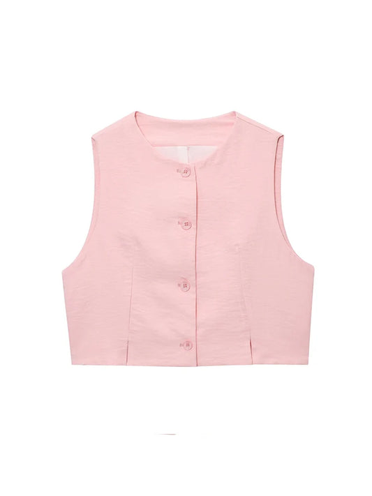 TFMLN Women Fashion Pant Two Pieces Sets Pink Slit Hem Short Tank Vest Straight Wide Leg Trousers Chic Office Lady Basic Outfits-belleandkai.com