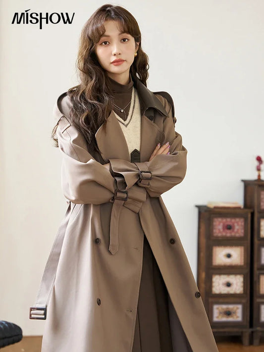 Women's Trench  Detachable Double Layer Leather Collar Solid Loose Double Breasted  A-LINE Coats-belleandkai.com