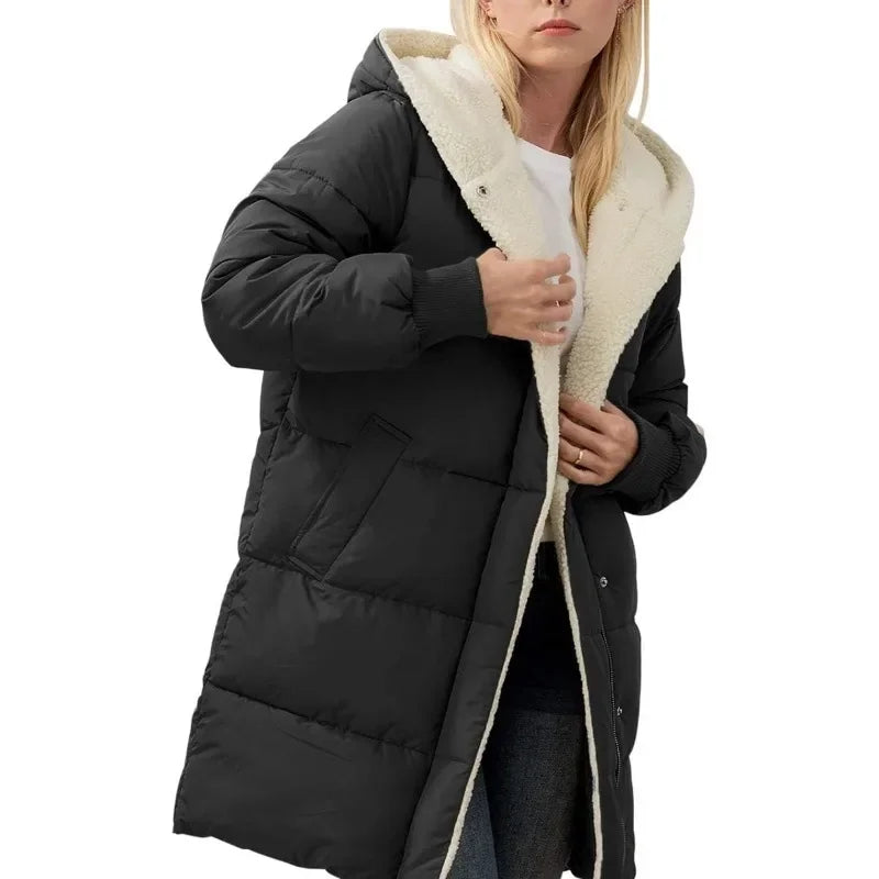 Womens Winter Warm Coats Sherpa Fleece Lined Long Hooded Puffer Jacket-belleandkai.com