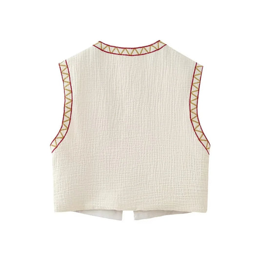European and American Style 2024 Spring and Summer Women's New Fashionable and Versatile Round Neck Sleeveless Embroidered Vest-belleandkai.com