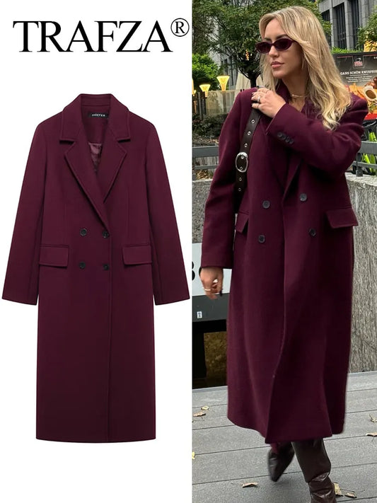 TRAFZA Women Fashion Burgundy Woolen Coat Double Breasted Long Sleeve Lapel Blends Jacket Autumn Winter High Street Outerwear-belleandkai.com