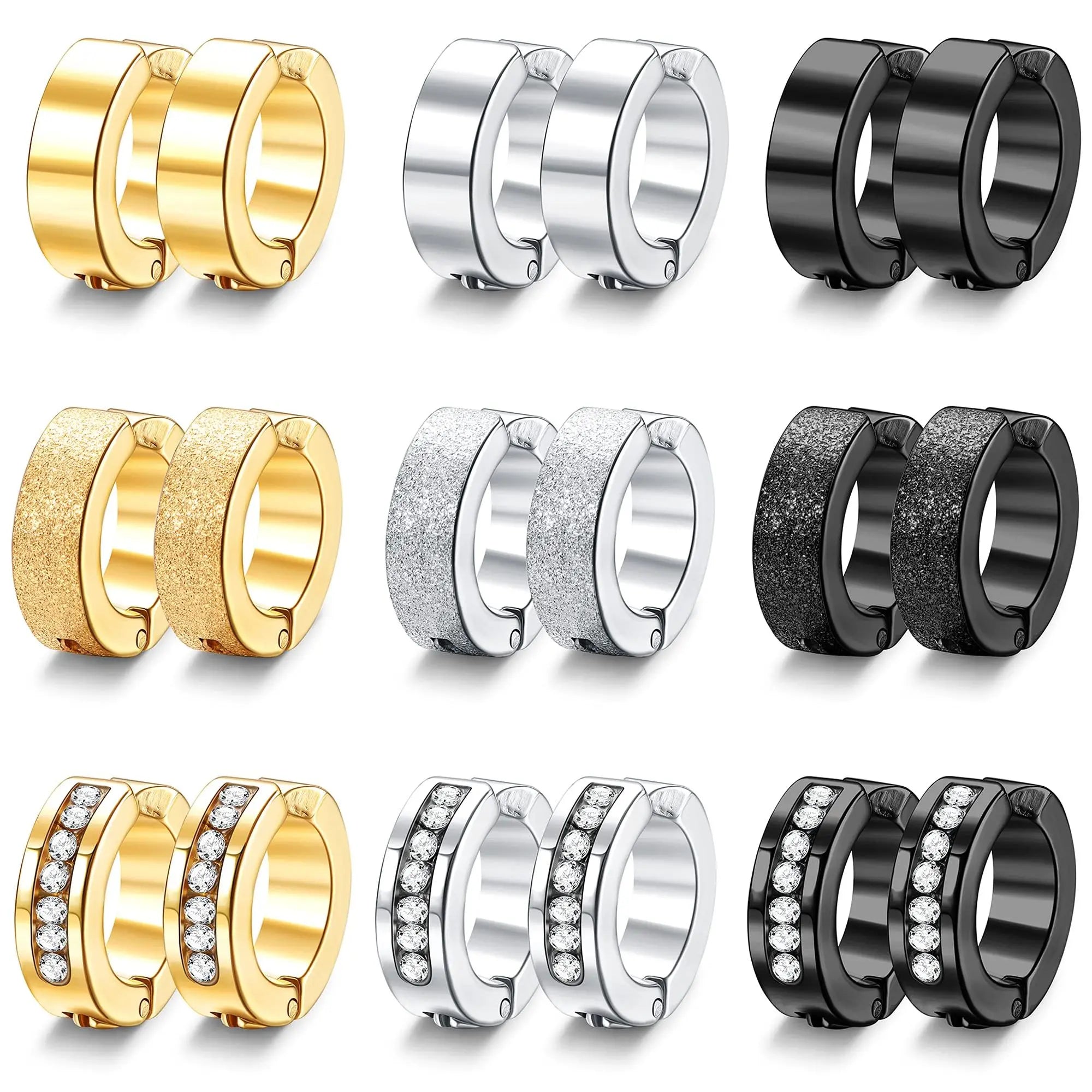1 Pair/9 Pairs Non-Piercing Earrings Stainless Steel Clip On Hoop Earrings For Men Women Paved CZ Ear Clip Earrings Set-belleandkai.com