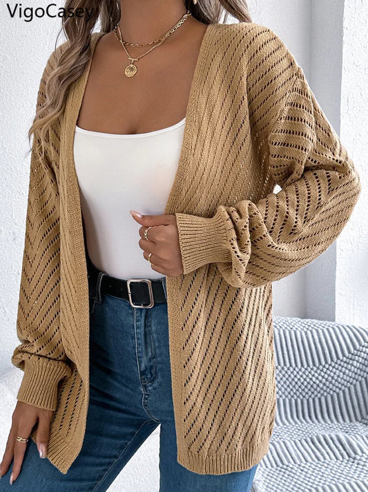 VigoCasey 2025 Autumn Winter Female Solid Sweater Cardigan Women Long Sleeve Cardigan Lady Hollow Loose Knitted Coat Outwears-belleandkai.com