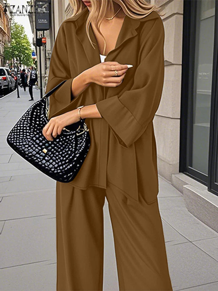2025 ZANZEA Autumn 2PCS Outfits Women Solid Matching Set Loose Pant Sets Lapel Neck 3/4 Sleeve Shirts Trousers Work Tracksuits-belleandkai.com
