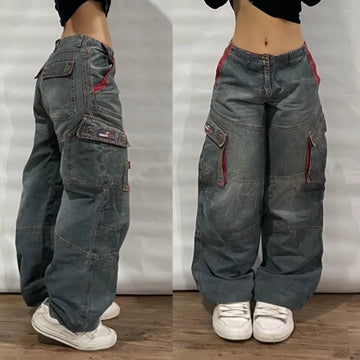 Streetwear Fashion New Multi-pocket Washed Baggy Jeans Men And Women Y2K Hip-hop Harajuku Casual Gothic High Waist Wide Trouser-belleandkai.com