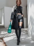 PU Leather Lapel Long Sleeve Coat, Belted Casual Outerwear For Fall & Spring, Women's Clothing-belleandkai.com