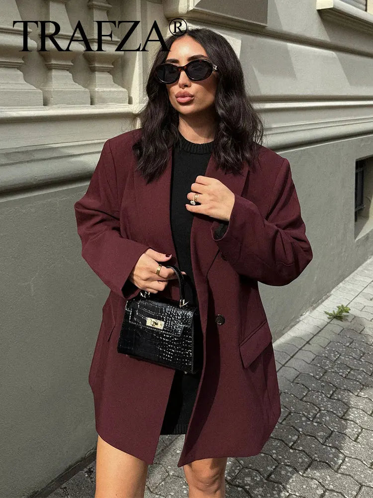 TRAFZA Vintage Woman Burgundy Red Blazer lapel Double Breasted Long Sleeve Suit Coat Women's 2024 Autumn Office Lady Outwear-belleandkai.com
