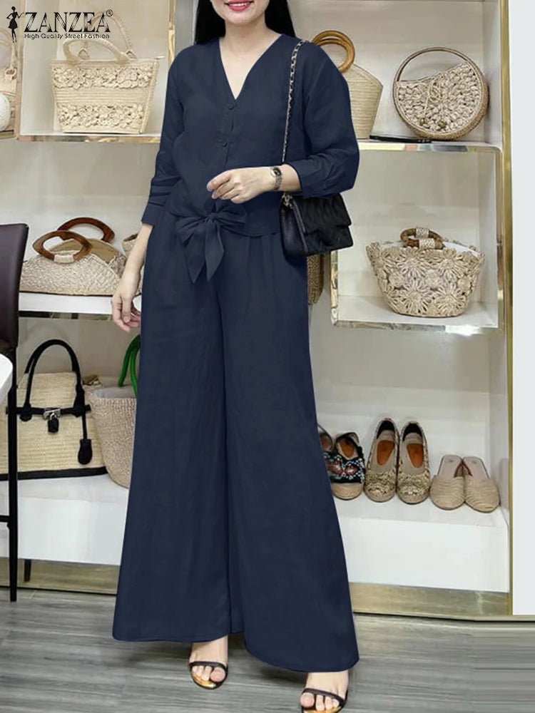 2025 ZANZEA Fashion Long Sleeve Blouse Pant Sets Spring Autumn Outfits 2PCS Women Work Matching Sets Casual Solid OL Tracksuits-belleandkai.com