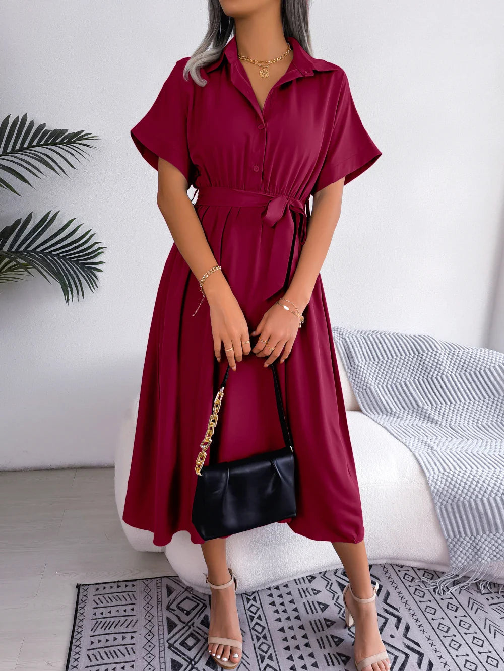 Women Summer Casual Short Sleeve Slim Waist Shirt Dress-belleandkai.com