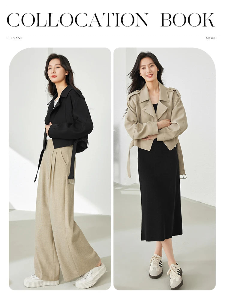 Vimly Light Khaki Crop Trench Coat Lapel Tie Belt Women's Windbreaker 2025 Spring Fashion Casual Loose Long Sleeve Jacket 16218-belleandkai.com