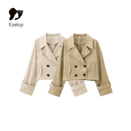 Koekop Women's Fashion Solid Color Trench Coat Style Jacket Coat Vintage Casual Chic Temperament Lady Short Jacket Coat-belleandkai.com