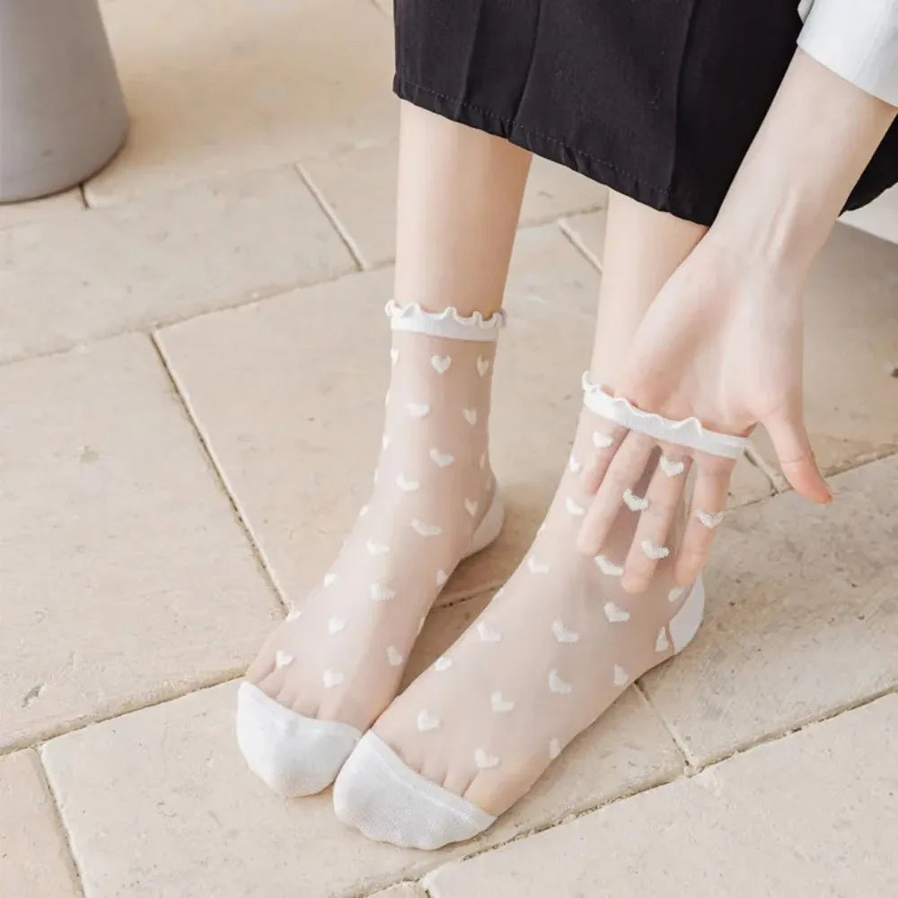 Women Transparent Black Heart Pattern Socks Ultra-thin Elastic Crystal Silk Socks Nylon Fashion Ladies Summer Short Ankle Socks-belleandkai.com