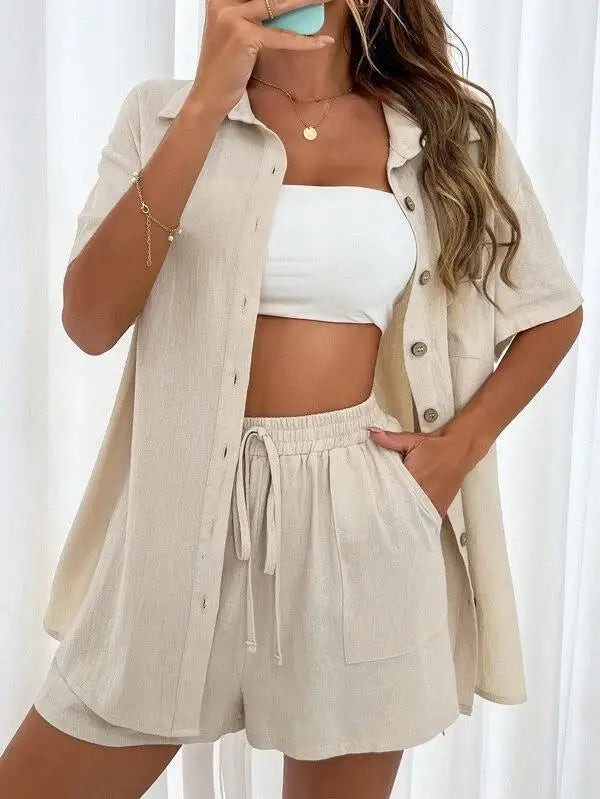 2024 Summer Fashion Sports Casual Cotton Linen Two Piece Set for Women's Single Breasted Shirt Elastic Waist Short Two Piece Set-belleandkai.com