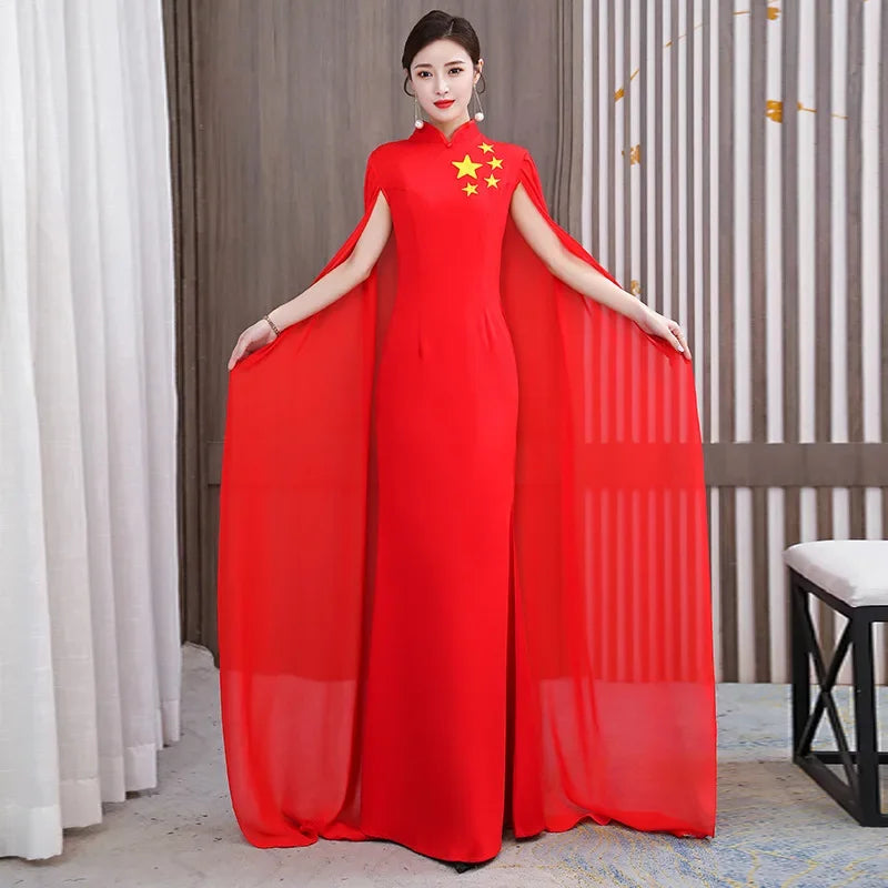 Elegant Chinese Style Cheongsam Evening Gown with Shawl for Women Stage Performance Costume New Hot Sale Of The Season Trend Mod-belleandkai.com