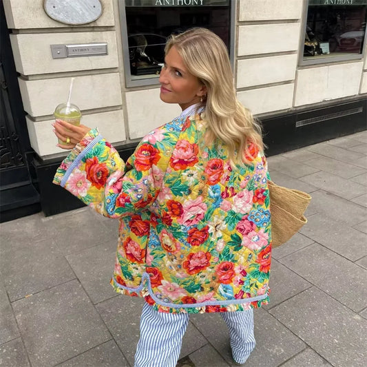 UNIZERA 2023 Autumn New Product Women's Fashion Versatile Round Neck Stripe Spliced Print Retro Quilted Cotton Coat-belleandkai.com