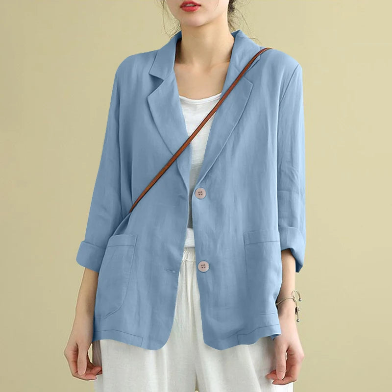 Women's Autumn Cotton Coats ZANZEA Fashion Lapel Neck Long Sleeve Blazer Thin Jackets Casual Officewear Suits OL Work Outwears-belleandkai.com