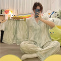 3 Pieces Set Night Wears for Women Summer New Short Sleeve Casual Striped Faux Silk Pijamas Set for Women Luxury Pyjamas Set-belleandkai.com