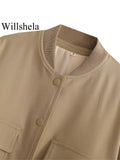 Willshela Women Fashion Solid Bomber Jackets Coat With Pockets V-Neck Single Breasted Long Sleeves Female Chic Lady Outfits-belleandkai.com
