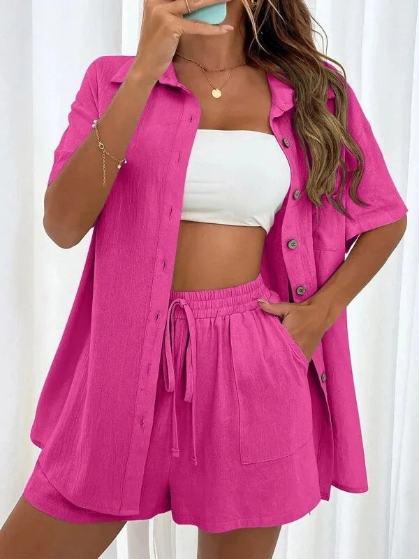 Long Sleeve Single breasted Top Broad legged Shorts Set Fashion Ladies Sexy Solid Suits 2024 Summer 2 Piece Outfits For Women-belleandkai.com