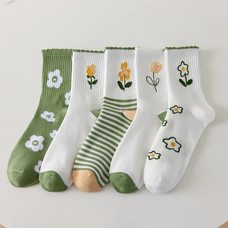 5 Pairs/Lot Socks Women's Cotton Print Short Ankle Set White Sports Cycling Running Compression Summer Breathable-belleandkai.com