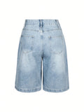 Women Summer Denim Jorts Vintage Cat Whisker Washed Loose Slant Pockets Daily Wear Bermuda Knee-length Shorts-belleandkai.com