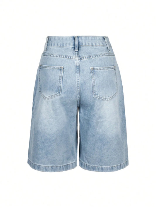 Women Summer Denim Jorts Vintage Cat Whisker Washed Loose Slant Pockets Daily Wear Bermuda Knee-length Shorts-belleandkai.com