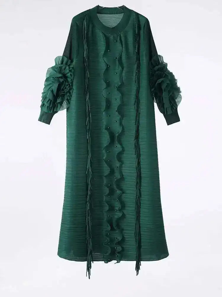 LANMREM Pleated Dress For Women V Neck Long Sleeves Solid Color Loose Big Size Female Elegant Clothing 2025 Spring New 2DB1281-belleandkai.com