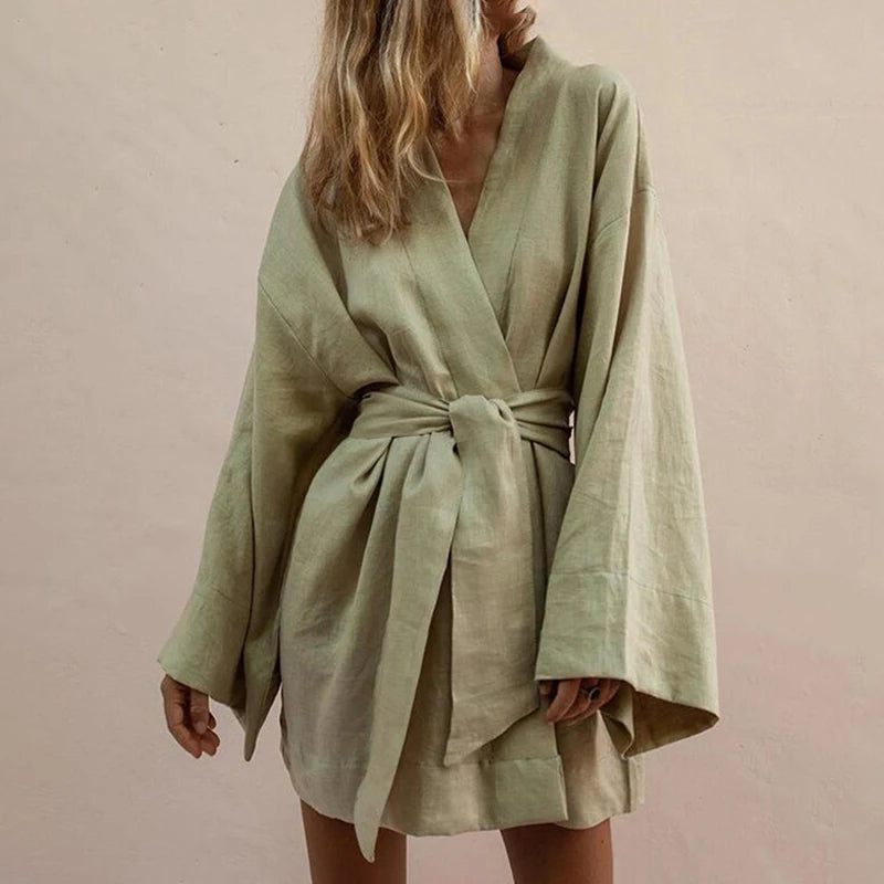 Women's Elegant Solid Robe Long Sleeve Front Belt Breathable Fabric For Casual And Formal Occasions Bathrobe Simple Style Kimono-belleandkai.com