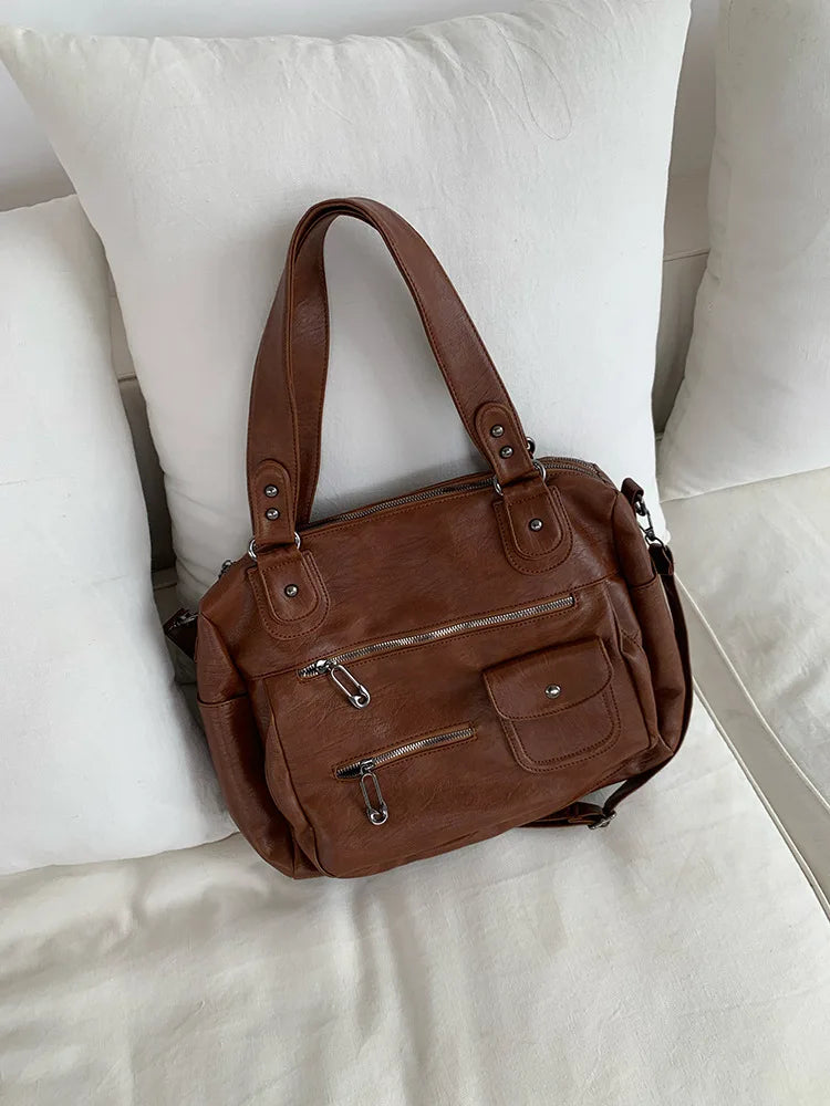 Classic Retro Business Trip Luggage Bag Travel Bag Large Capacity Portable Shoulder Tote Bag Multi-Zipper Motorcycle Crossbody Bag for Women-belleandkai.com
