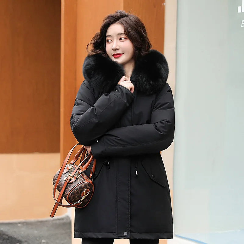 Women Parka Fashion Long Coat Wool Liner Hooded Parkas 2023 New Winter Jacket Slim with Fur Collar Warm Snow Wear Padded Clothes-belleandkai.com
