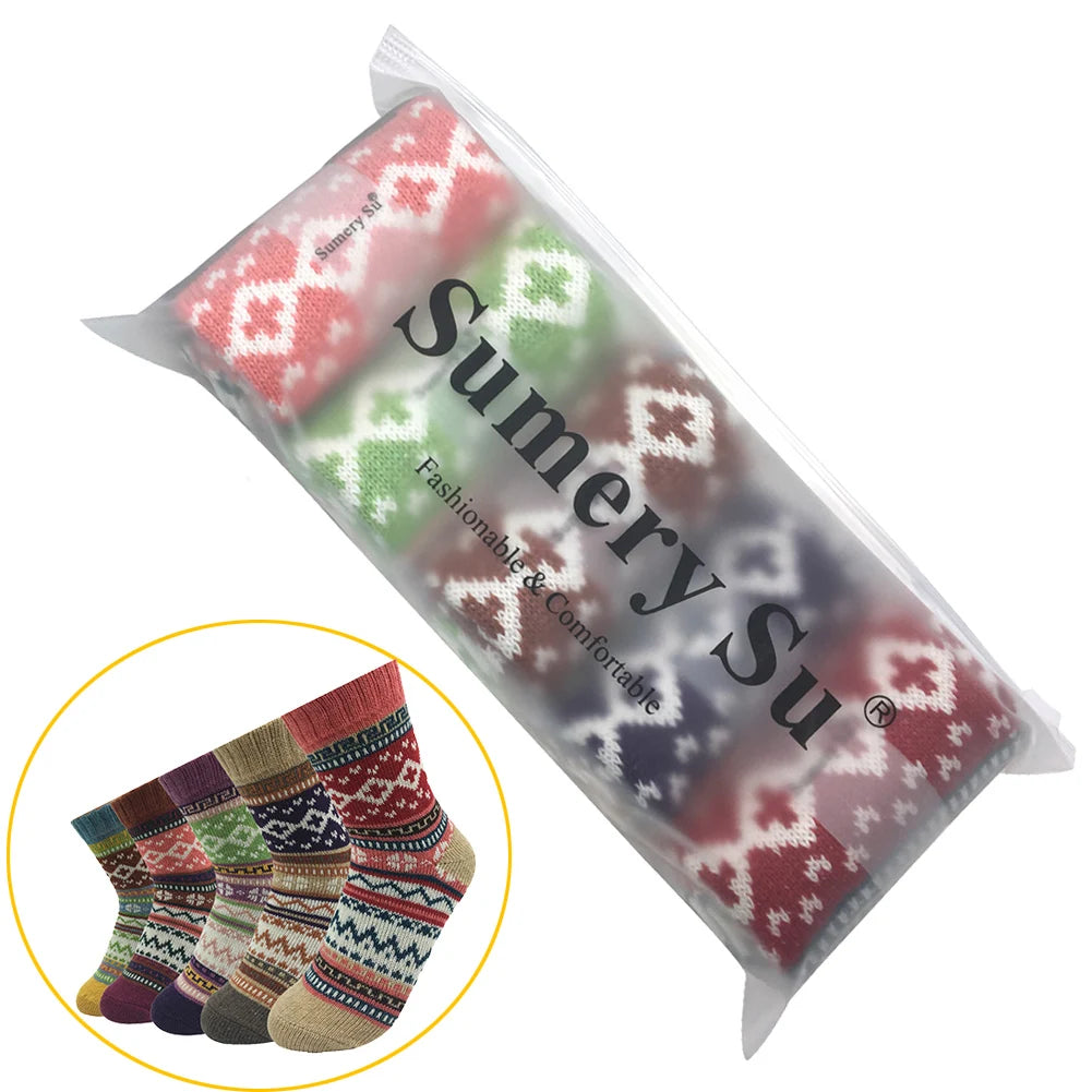 5 Pairs/Lot Wool Socks Women Winter Japanese Harajuku  Bohemian Cashmere Warm Colorful Socks Ladies Girl Christmas Gift 5 Styles-belleandkai.com