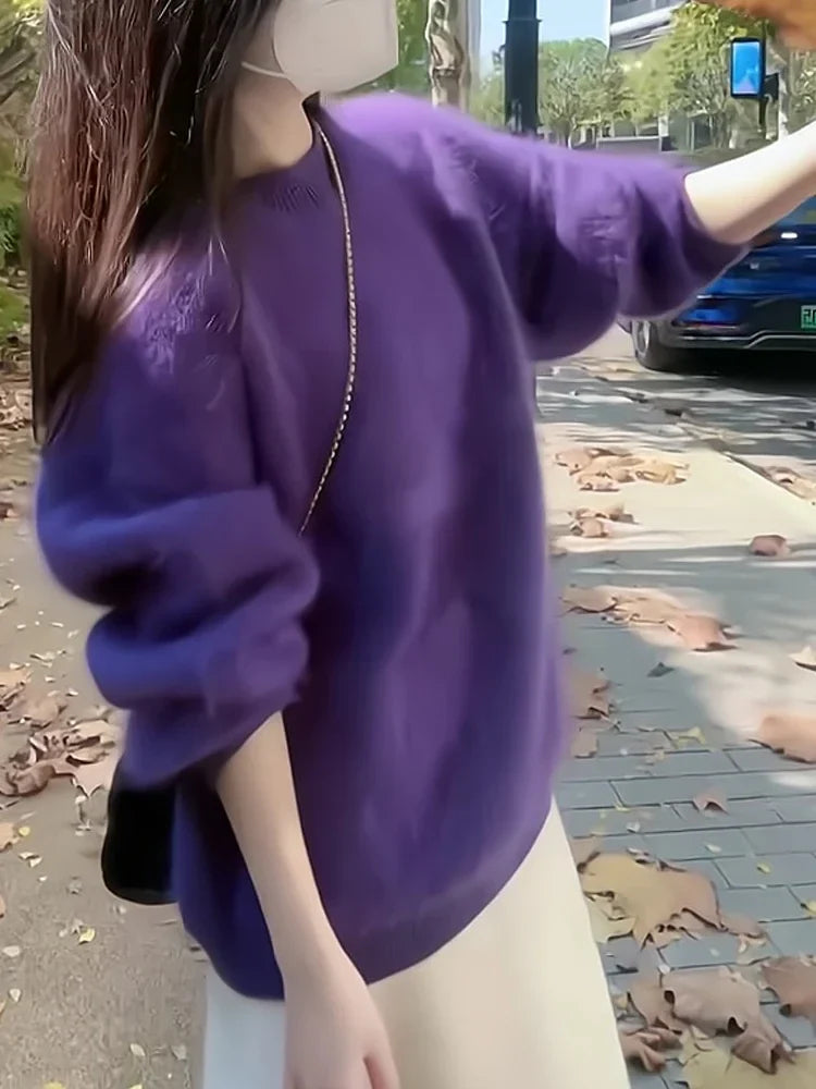 Purple Sweater Top Women's Autumn  Winter Plush Fluffy Soft Loose Hair Pullover Sweater Jumper Streetwear Y2k-belleandkai.com